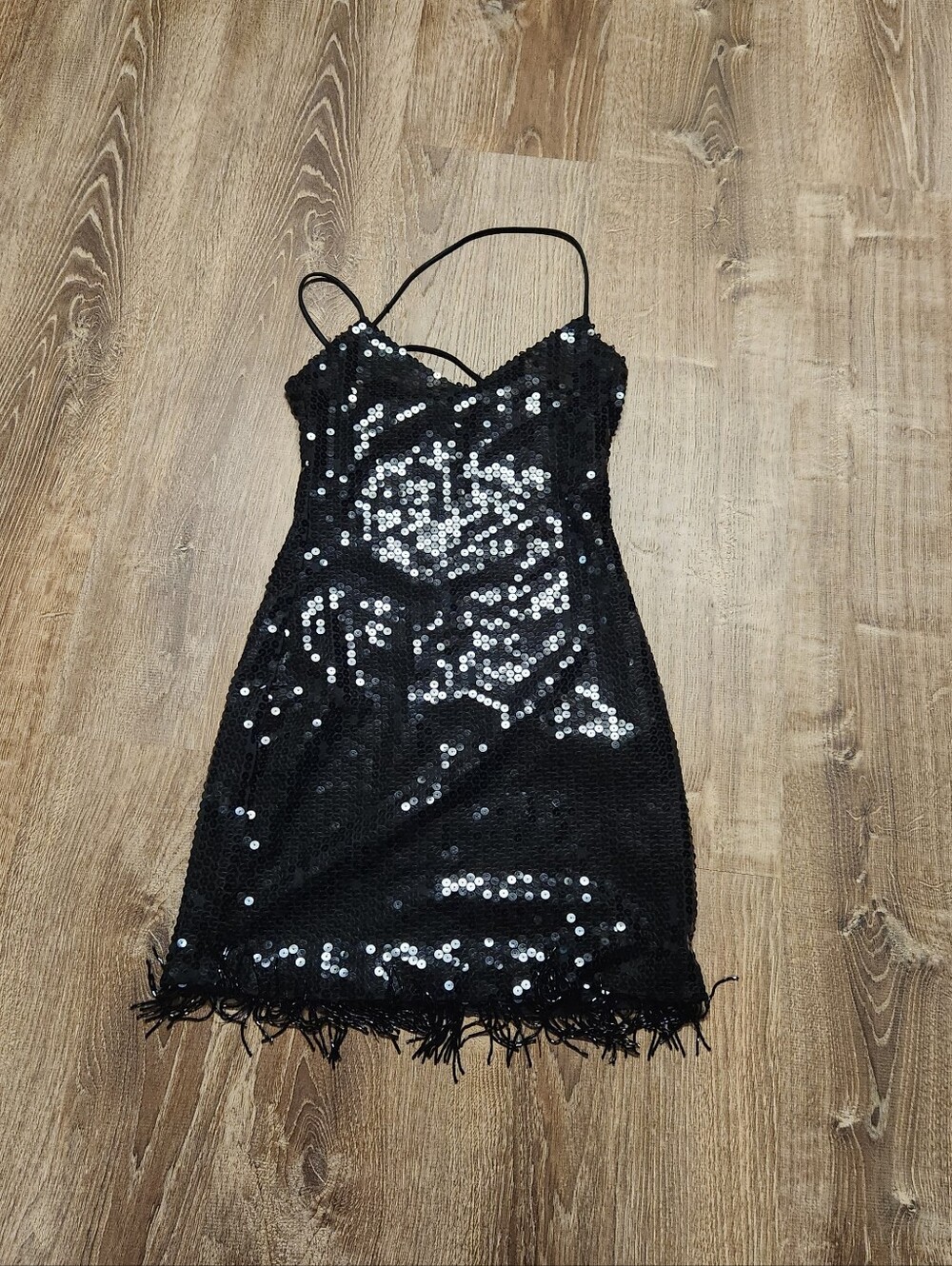 Guess Black Sequin Mini Dress with Fringe